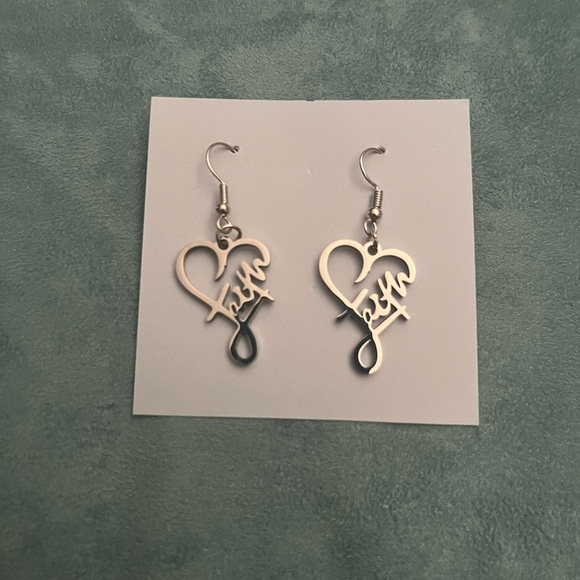 Silver Heart Faith Script Earrings - Picture 2 of 3